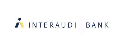 Blue and yellow logo to the left of blue text spelling out Interaudi Bank